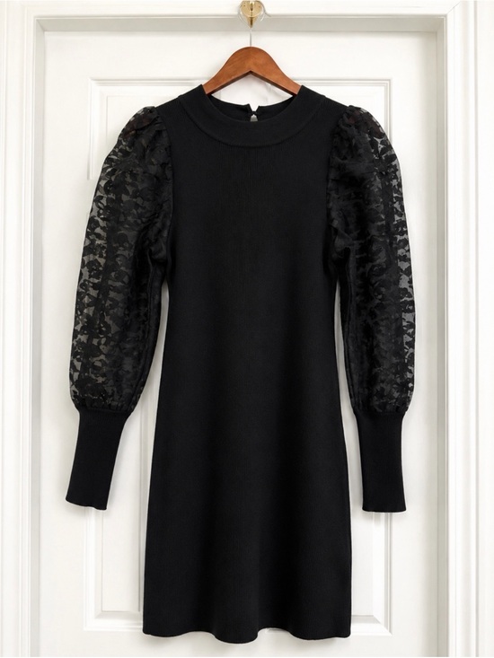 Lush Dresses & Skirts - 🖤 Lush Black Ribbed Sweater Dress Sheer Puff Sleeve Size M 🖤